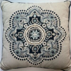 Pier 1 boho blue and cream embroidered jeweled pillowcase